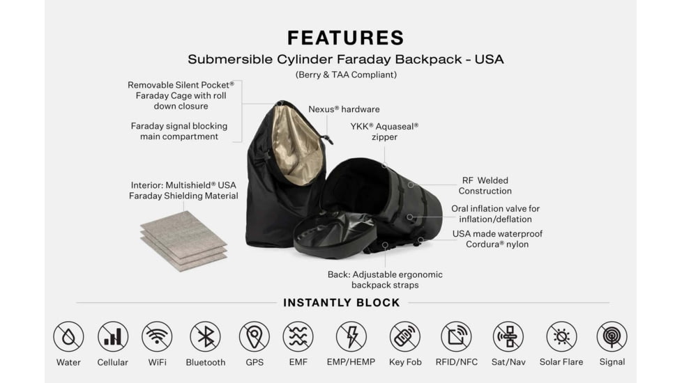 SLNT Submersible Cylinder Faraday Backpack, USA Berry Compliant, Black, 40L, DFT-40L-BER-B