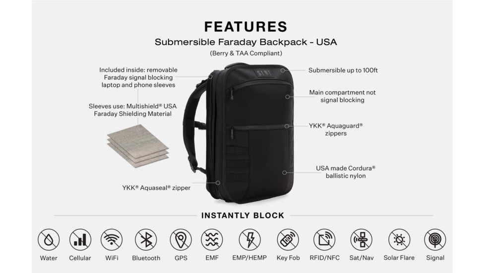 SLNT Submersible Faraday Backpack, USA Berry Compliant, Black, 23L, SP-DFT-BPB