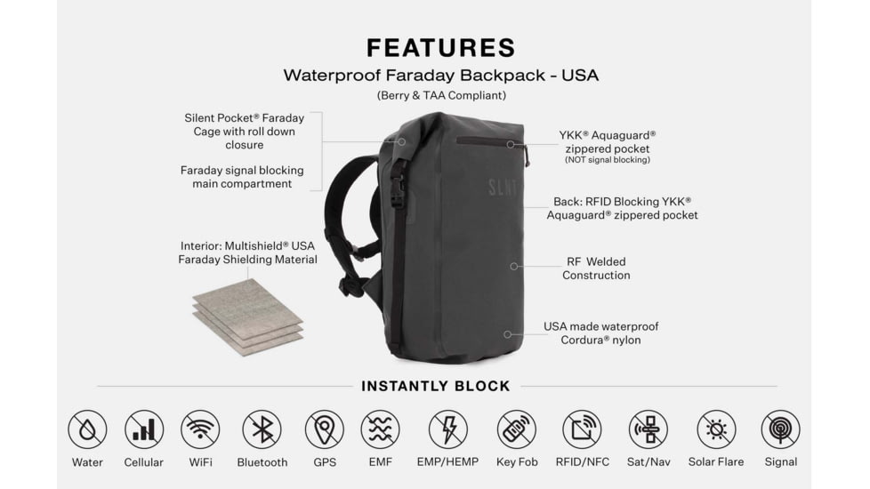 SLNT Waterproof Faraday Backpack, USA Berry Compliant, Black, 20L, SPB-BPK-BER