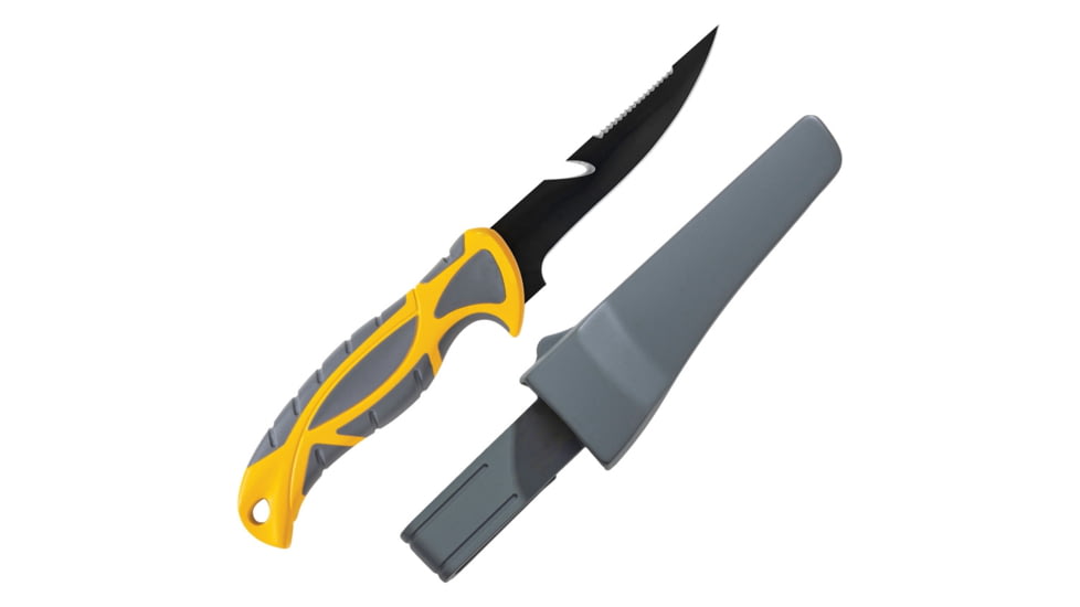 Smith's Sharpeners Bait Breaker Fixed Blade Knife, 9.5in Overall, 4in Black Coated 420 SS Blade, Gray And Yellow Tpe Handle, Sawback Blade Features Line Cutter, Gray Synthetic, Gray and yellow, 51092