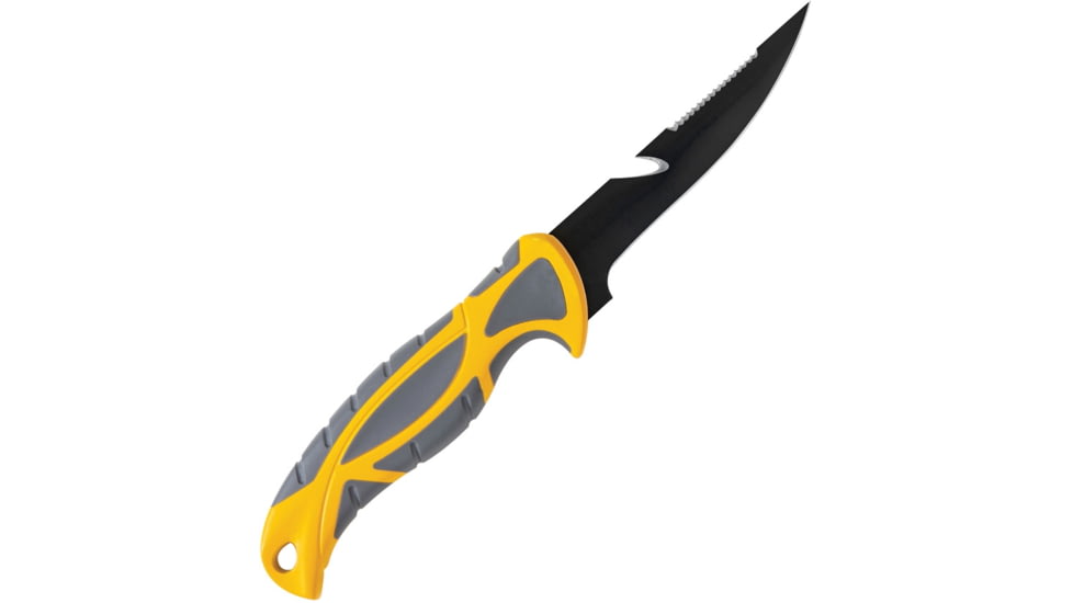 Smith's Sharpeners Bait Breaker Fixed Blade Knife, 9.5in Overall, 4in Black Coated 420 SS Blade, Gray And Yellow Tpe Handle, Sawback Blade Features Line Cutter, Gray Synthetic, Gray and yellow, 51092