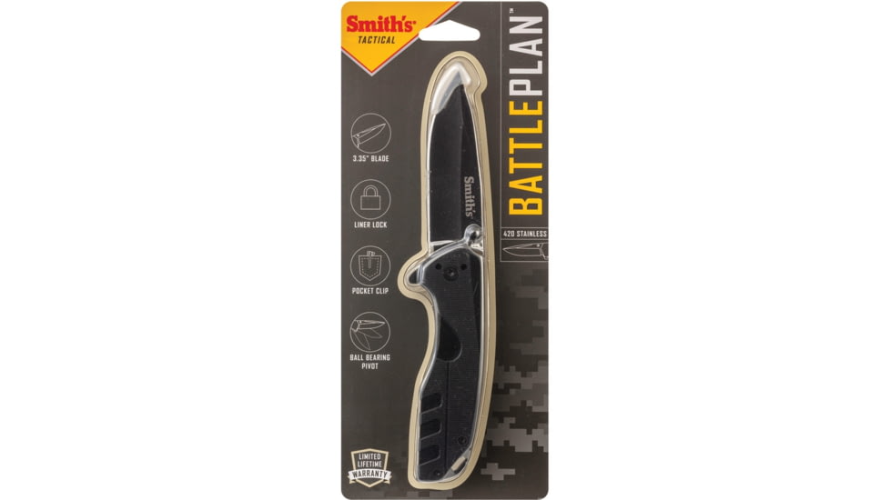 Smith's Sharpeners Battle Plan Linerlock Folding Knife, 3.75in Closed, 2.75in Black Stonewash 420 SS Blade, Black G10 Handle, Thumb Stud, Pocket Clip, Black, AC50994