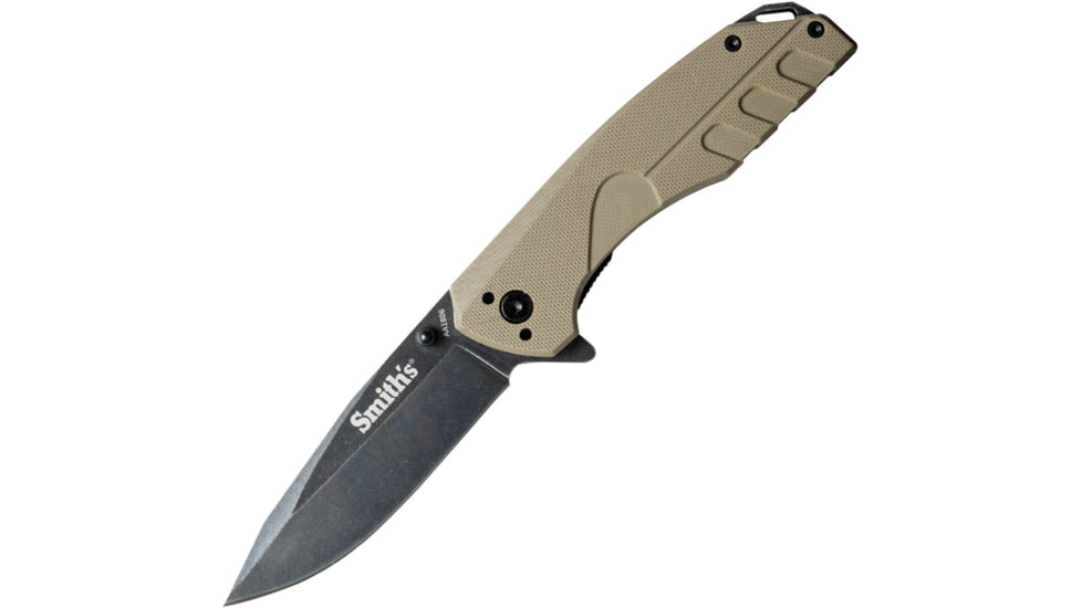 Smith's Sharpeners Battle Plan Linerlock Folding Knife, 3.75in Closed, 2.75in Black Stonewash 420 SS Blade, Desert Tan G10 Handle, Thumb Stud, Pocket Clip, Desert tan, AC50995
