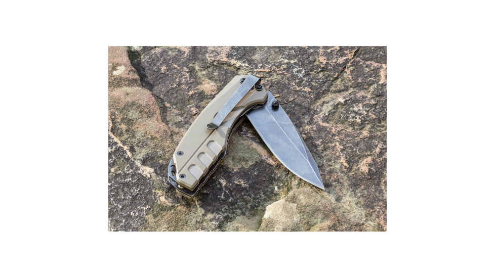 Smith's Sharpeners Battle Plan Linerlock Folding Knife, 3.75in Closed, 2.75in Black Stonewash 420 SS Blade, Desert Tan G10 Handle, Thumb Stud, Pocket Clip, Desert tan, AC50995