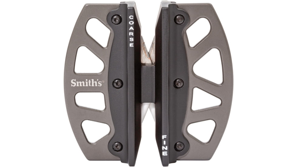Smith's Sharpeners Caprella Two-Step Sharpener, 3in X 2.5in, Non-Slip Base, Crossed Carbide Blades And Triangular Ceramic Rods, Pre-Set Sharpening Angles, 420 SS Frame, 51106