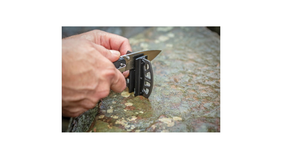 Smith's Sharpeners Caprella Two-Step Sharpener, 3in X 2.5in, Non-Slip Base, Crossed Carbide Blades And Triangular Ceramic Rods, Pre-Set Sharpening Angles, 420 SS Frame, 51106