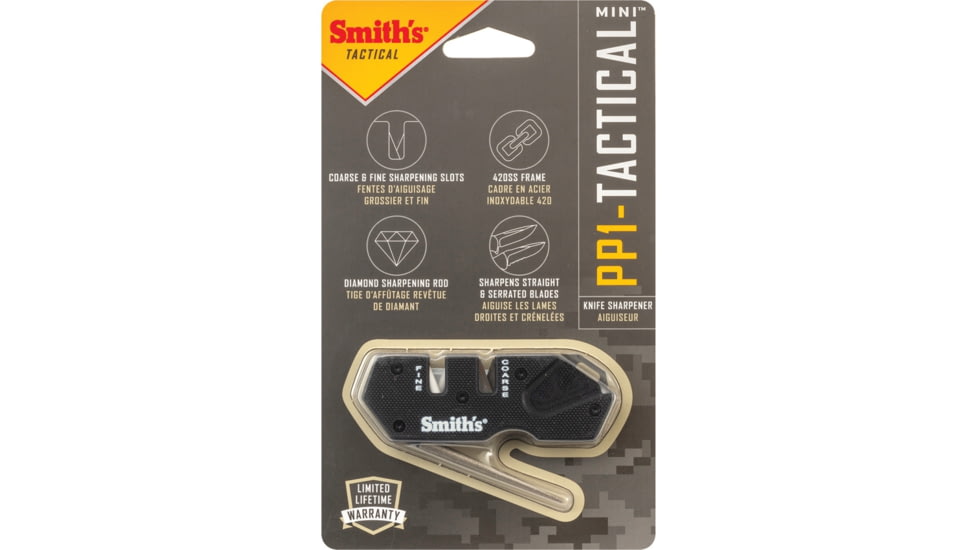 Smith's Sharpeners PP1 Mini Tactical Sharpener, 3.25in Overall, Black G10 Handle, Ceramic And Carbide Sharpening Slots, Diamond Coated Sharpening Rod, Black, AC50982