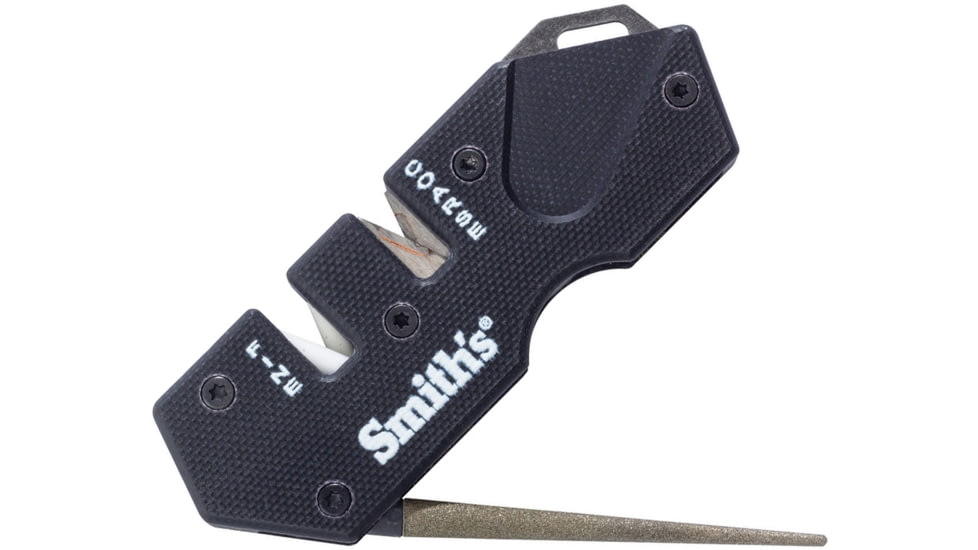 Smith's Sharpeners PP1 Mini Tactical Sharpener, 3.25in Overall, Black G10 Handle, Ceramic And Carbide Sharpening Slots, Diamond Coated Sharpening Rod, Black, AC50982
