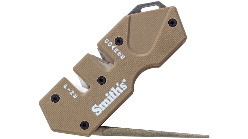 Smith's Sharpeners PP1 Mini Tactical Sharpener, 3.25in Overall, Desert Tan G10 Handle, Non-Slip Base, Ceramic And Carbide Sharpening Slots, Diamond Coated Sharpening Rod, Desert tan, AC50983