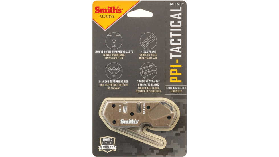 Smith's Sharpeners PP1 Mini Tactical Sharpener, 3.25in Overall, Desert Tan G10 Handle, Non-Slip Base, Ceramic And Carbide Sharpening Slots, Diamond Coated Sharpening Rod, Desert tan, AC50983