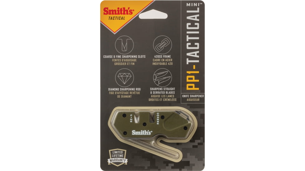 Smith's Sharpeners PP1 Mini Tactical Sharpener, 3.25in Overall, OD Green G10 Handle, Ceramic And Carbide Sharpening Slots, Diamond Coated Sharpening Rod, OD green, AC50984