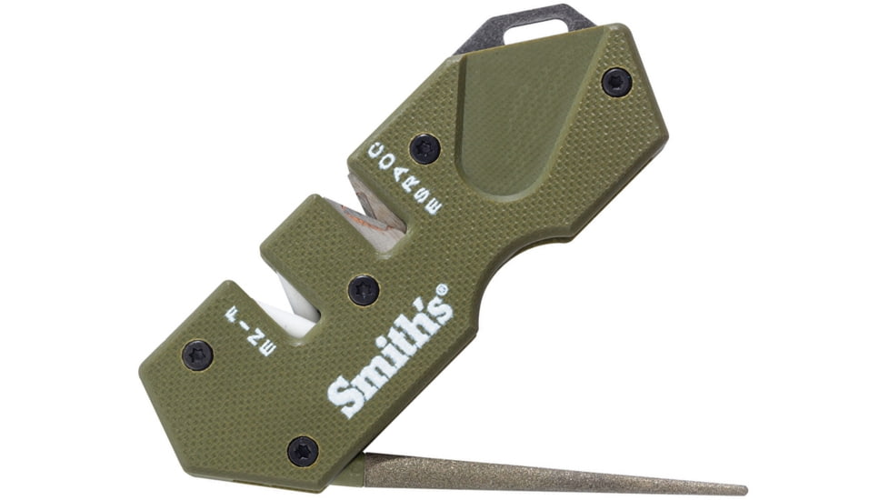 Smith's Sharpeners PP1 Mini Tactical Sharpener, 3.25in Overall, OD Green G10 Handle, Ceramic And Carbide Sharpening Slots, Diamond Coated Sharpening Rod, OD green, AC50984