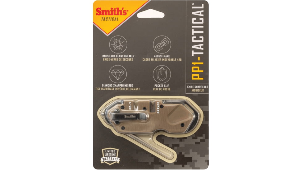 Smith's Sharpeners PP1 Tactical Desert, 4.25in Overall, Desert Tan G10 Handle, Black 420 SS Frame, Diamond Sharpening Rod, Pocket Clip, Ceramic And Carbide Sharpening Slots, Desert tan, AC50980