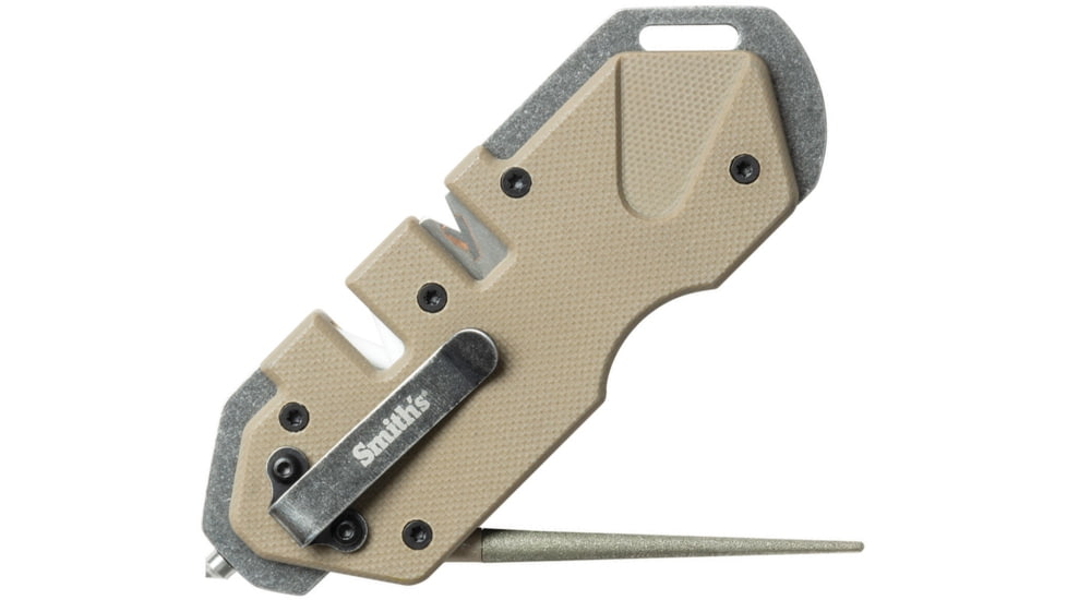 Smith's Sharpeners PP1 Tactical Desert, 4.25in Overall, Desert Tan G10 Handle, Black 420 SS Frame, Diamond Sharpening Rod, Pocket Clip, Ceramic And Carbide Sharpening Slots, Desert tan, AC50980