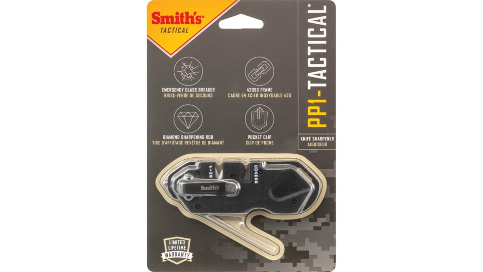 Smith's Sharpeners PP1 Tactical Sharpener, 4.25in Overall, Black G10 Handle, Black 420 SS Frame, Diamond Sharpening Rod, Pocket Clip, Ceramic And Carbide Sharpening Slots, Black, AC50979
