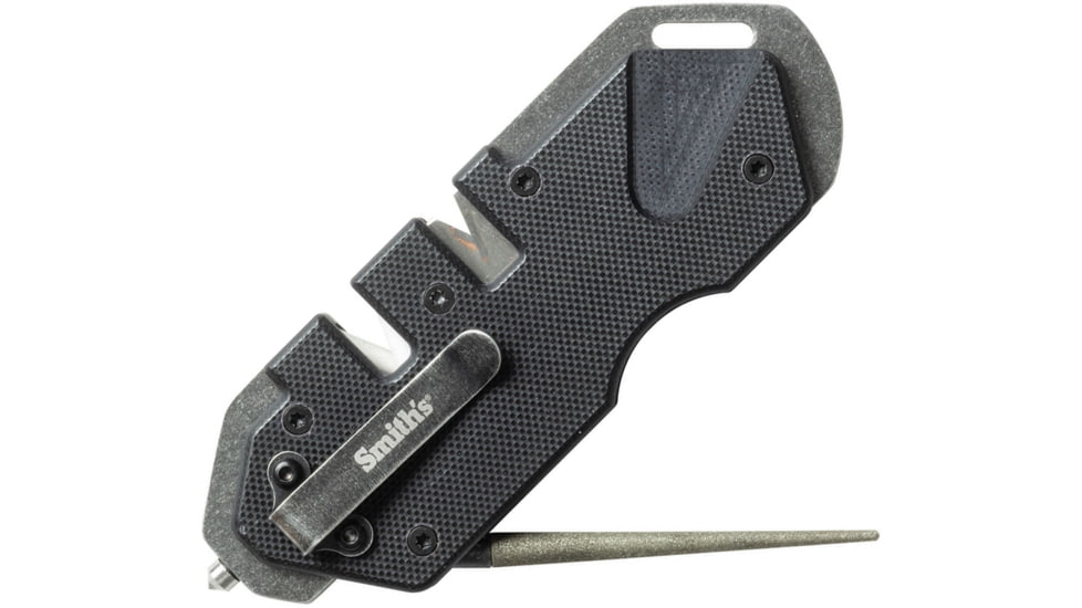 Smith's Sharpeners PP1 Tactical Sharpener, 4.25in Overall, Black G10 Handle, Black 420 SS Frame, Diamond Sharpening Rod, Pocket Clip, Ceramic And Carbide Sharpening Slots, Black, AC50979