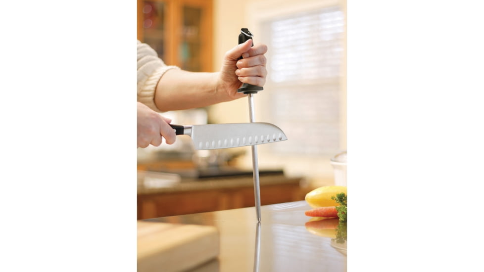 Smith's Sharpeners Sharpening Steel 9in, 14in Overall, Black Synthetic Handle, 9in Steel Rod, Realigns Straight Edge Knives, Oversized Hand Guard, Hang Ring, Black, 50028