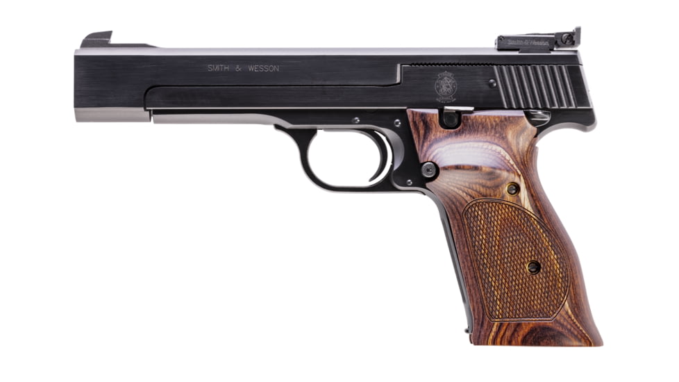 Smith &amp; Wesson 41 Pistol, .22 Long Rifle, 5.5in barrel, carbon steel frame, wooden target w/thumbrest grip, blowback operated semi-auto, patridge front, adjustable rear, 10 round magazine, SW-41-1-FRRMPG