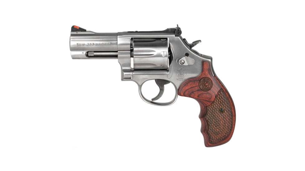 Smith &amp; Wesson 686 Deluxe Revolver, .357 Magnum/.38 Special, 3in Barrel, L Frame, Adjustable, Stainless Frame, Wood Grip, 7 Round Cylinder, 150713