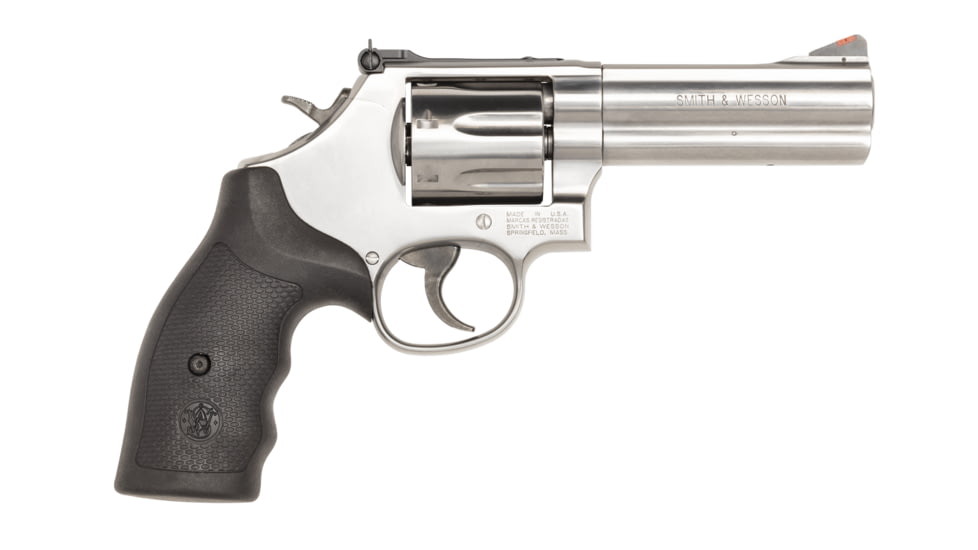 Smith &amp; Wesson 686SSR Revolver, .357 Magnum, 4in barrel, stainless steel frame, custom engraved wood grip, revolving chamber, red ramp front, adjustable rear, 6 round magazine, SW-686SSR-1-FRRMPG
