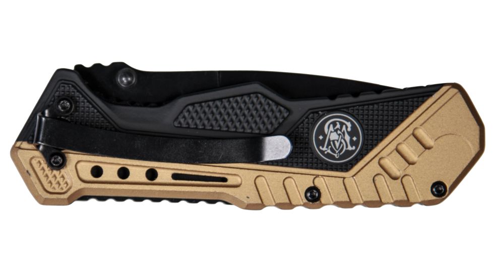 Smith &amp; Wesson Assisted Folding Knife 3.5in Black Plain Blade, Rubberized Aluminum Handles, Brown/Black 1084302