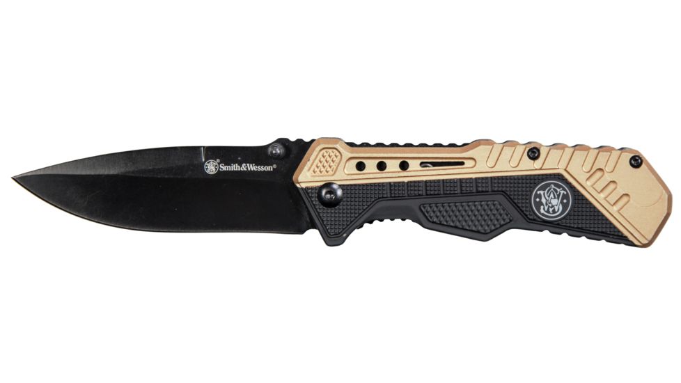 Smith &amp; Wesson Assisted Folding Knife 3.5in Black Plain Blade, Rubberized Aluminum Handles, Brown/Black 1084302