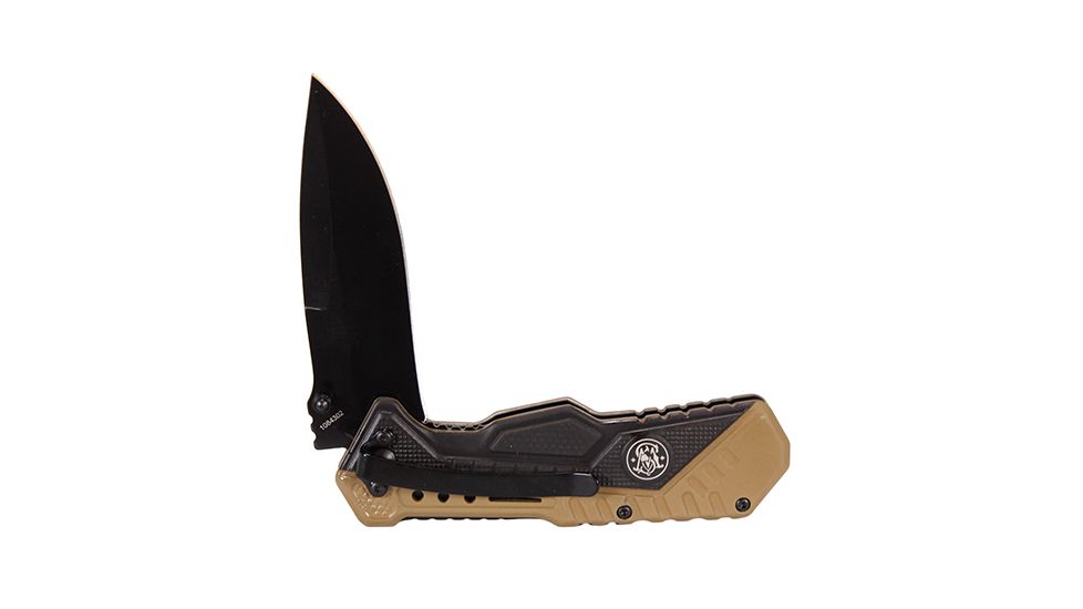 Smith &amp; Wesson Assisted Folding Knife 3.5in Black Plain Blade, Rubberized Aluminum Handles, Brown/Black, 1084302