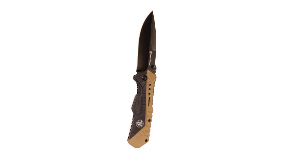Smith &amp; Wesson Assisted Folding Knife 3.5in Black Plain Blade, Rubberized Aluminum Handles, Brown/Black, 1084302
