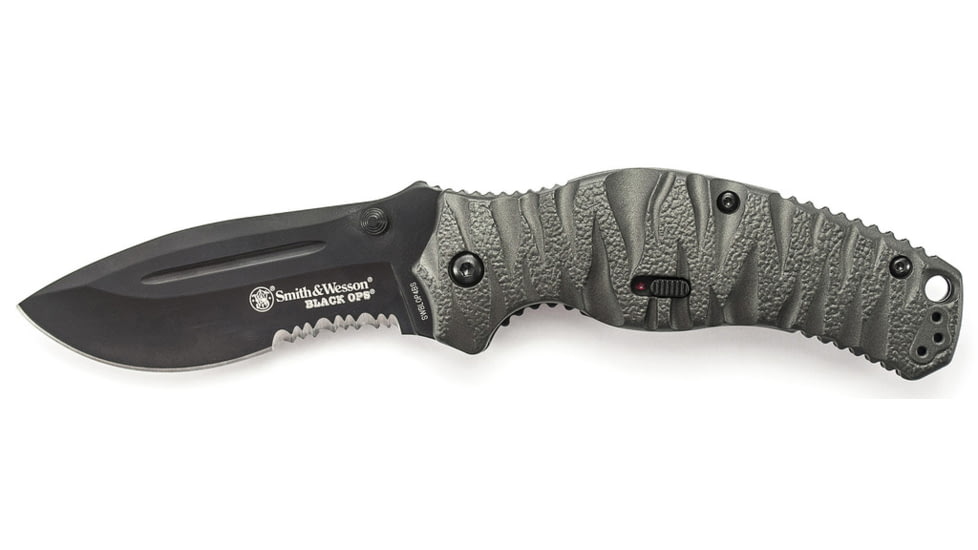 Smith &amp; Wesson Black Ops M.A.G.I.C. Assisted Opening Liner Lock Folding Knife,3.3in Black Carbon Steel Partially Serrated Drop Point Blade,Grey Aluminum Handle,Clam Package SWBLOP4BSCP