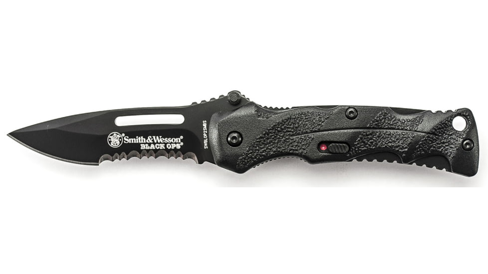 Smith &amp; Wesson Black Ops Mini M.A.G.I.C. Assisted Opening Folding Knife,2.5in Black Steel Partially Serrated Re-Curve Drop Point Blade,Black Aluminum Handle,Clam Package SWBLOP2SMBSCP