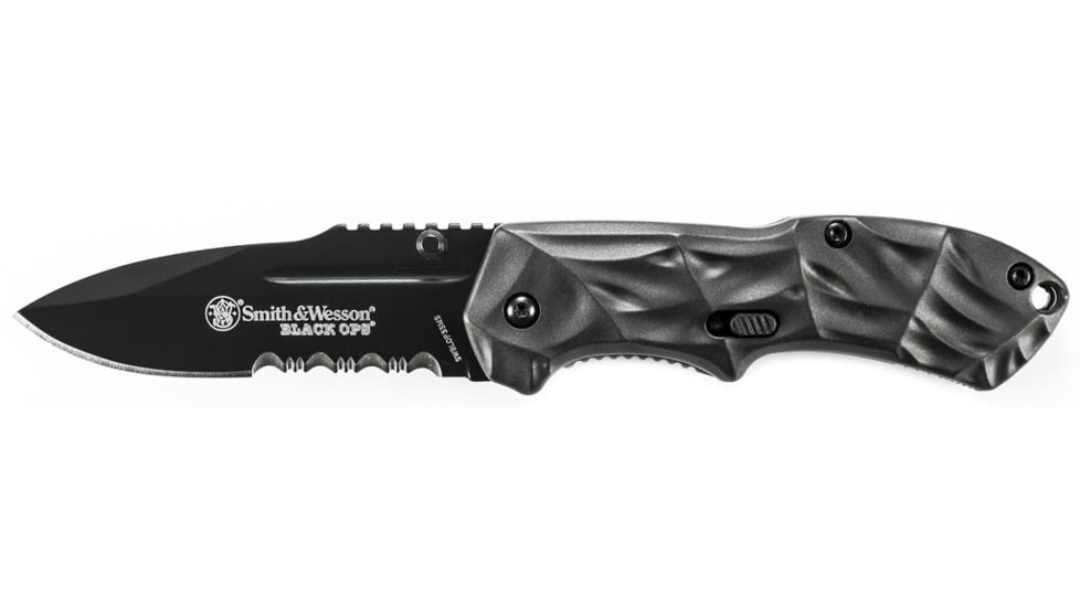 Smith &amp; Wesson Black Ops Mini M.A.G.I.C. Assisted Opening Liner Lock Folding Knife,2.5in Black Steel Partially Serrated Drop Point Blade,Grey Aluminum Handle,Clam Package SWBLOP3SMSCP