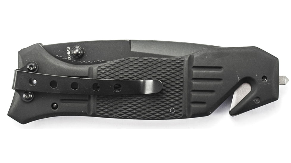 Smith &amp; Wesson 1st Response Liner Lock Folding Knife, 3.3 in, 7Cr17MoV High Carbon Stainless Steel Blade, Drop Point Serrated Blade, Black G10 Handle, SWFR2SCP