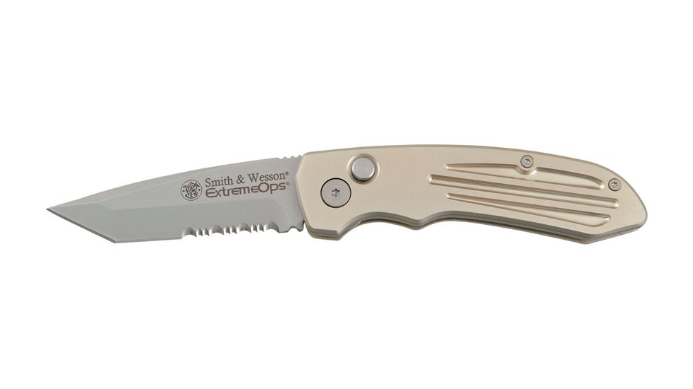 Smith & Wesson ExtremeOps Tanto Folder Knife, Partially serrated matte finish 420C stainless tan, stainless tanto blade SW50TS