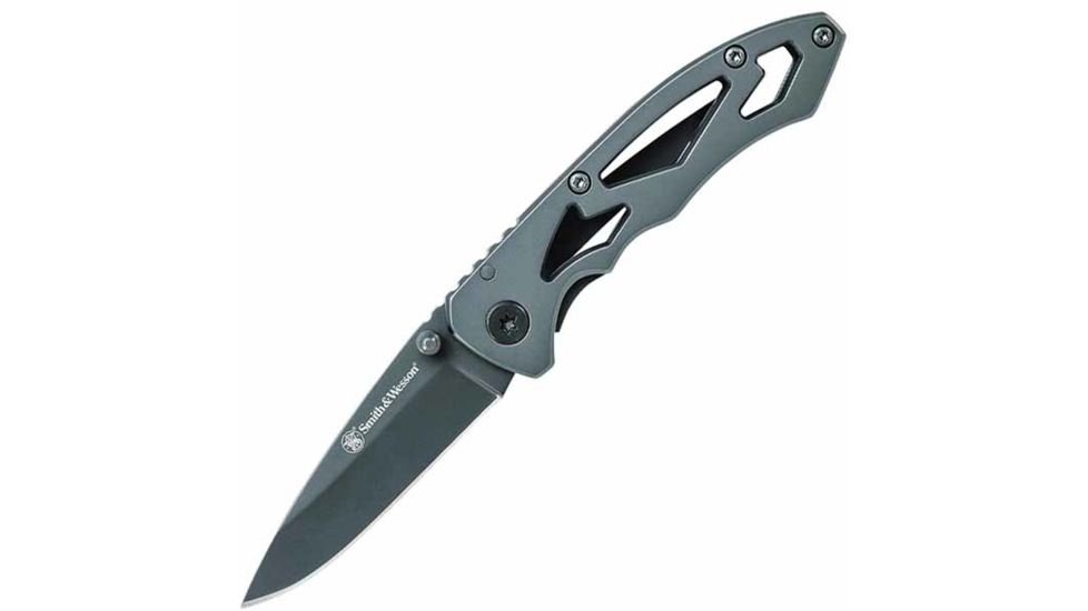Smith &amp; Wesson Folding Knife,2.22in Gray Drop Point Plain,7Cr17MoV High Carbon Stainless Steel,Gray Skeleton Handle CK400