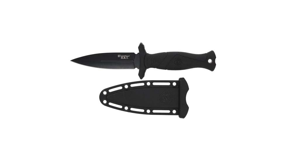 Smith &amp; Wesson HRT Boot/Neck Fixed Blade Knife w/Sheath, 4in, Stainless Steel, Rubber Overmolded Handle, 1160816