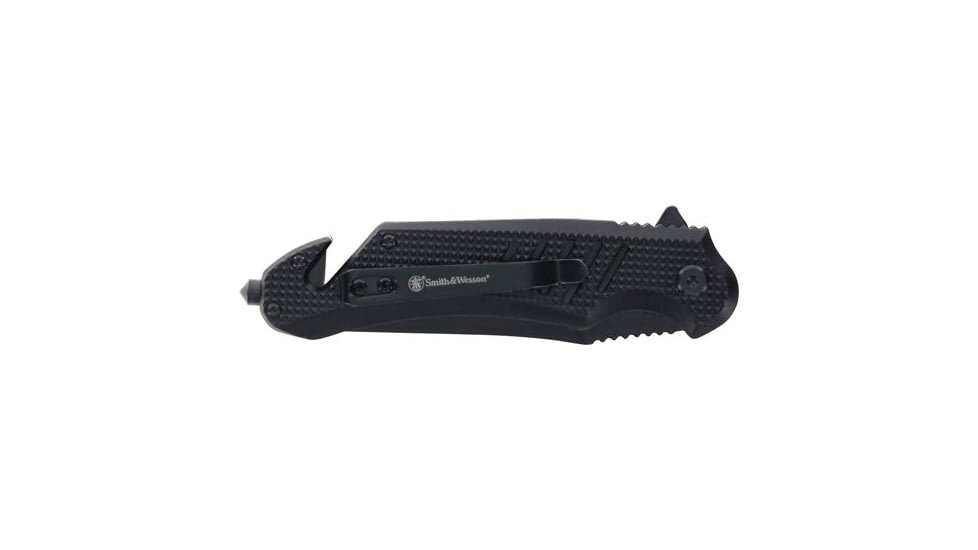 Smith &amp; Wesson Extreme Ops Folding Knife w/ Strap Cutter, 3.5in, 7Cr Stainless Steel, Black Clip Point Partially Serrated Blade, Black Aluminum Handle, Clam Pack, 1215364