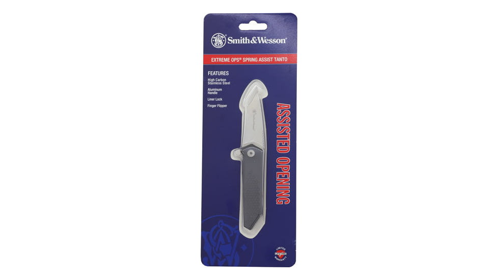 Smith &amp; Wesson Extreme Ops Spring Assisted Opening Folding Knife, 2.5in, High Carbon Steel Tanto Blade, Black Aluminum Handle, 1206286