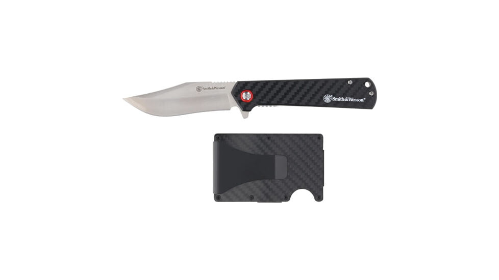 Smith &amp; Wesson Folding Knife &amp; Wallet Combo, 3.38in, Stainless Steel Satin Blade, Black Carbon Fiber Kydex Handle, 1227072