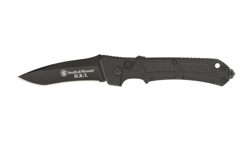 Smith &amp; Wesson Large HRT Folder Knife, Standard edge tanto blade, Black finish metal handle with black sure grip inl SW80BT