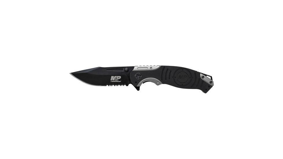 Smith &amp; Wesson Liner Lock Black/Grey Handle Folding Knife, 8Cr13MoV Steel, Drop Point, SWMP13GSCP