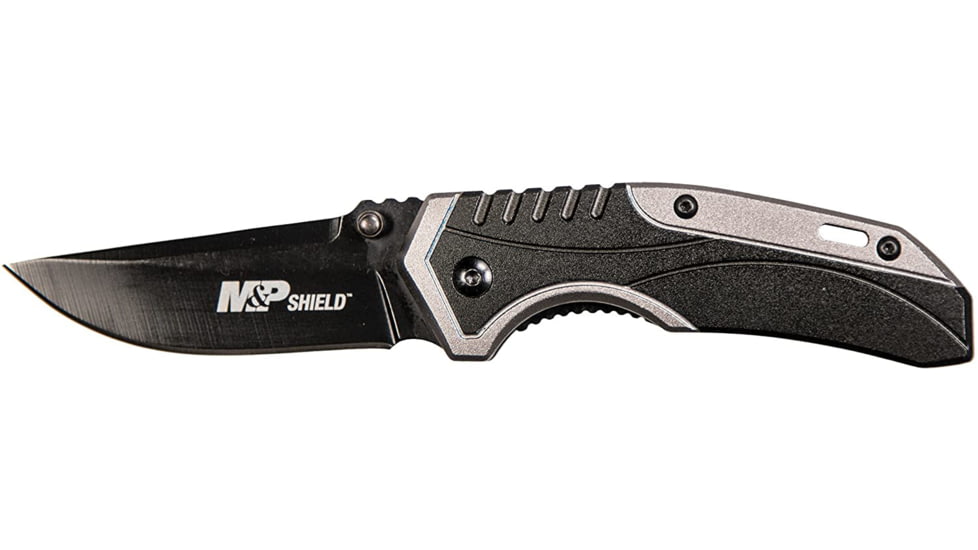 Smith &amp; Wesson M&amp;P Shield Assisted Opening Folding Knives, 2.75 in, 8Cr13MoV Stainless Steel, Drop Point, Black/Gray, Aluminium Handle, 1085919
