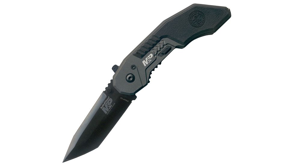 Smith &amp; Wesson Military Police Magic Assisted Folding Knife, 2.8 in, 4034 Steel, Plain Edge, Tanto Blade, Aluminum, Black Handle SWMP3B