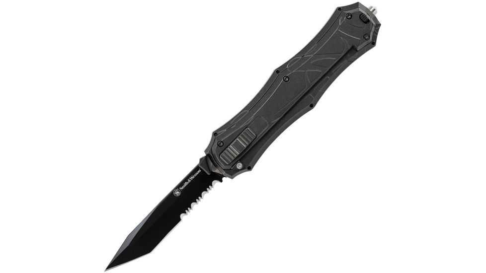 Smith &amp; Wesson Otf Assist Finger Actuator Folding Knife,3.63in,AUS-8 Steel,Partially Serrated,Tanto,Black,Aluminum Handle SWOTF9TBS