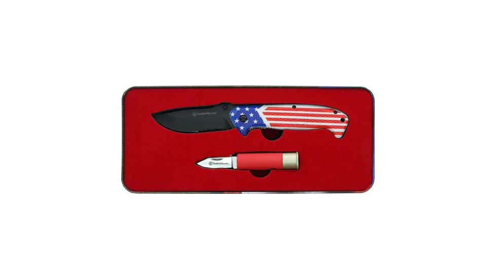 Smith &amp; Wesson America's Heroes &amp; Shotshell Knife Set w/Tin, 3.25in/2in, Stainless Steel, Folding Blade, Red/White/Blue, Polymer Handle, 1189841