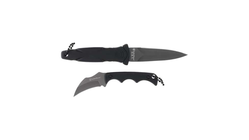 Smith &amp; Wesson Boot/Karambit Neck Knife Set w/Sheaths, 3.25in/2in, 3Cr Stainless Steel, Fixed Blade, Black Matte, Rubber/G-10 Handle, 1188453