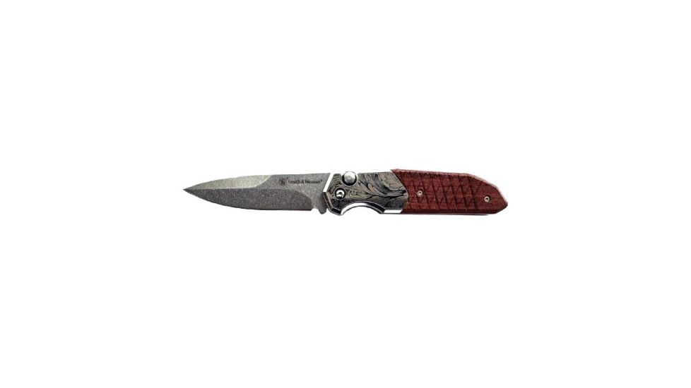 Smith &amp; Wesson Unwavered Automatic Folding Knife, 3.3in, Carbon Steel, Drop Point, Wood Brown Handle, 1237356