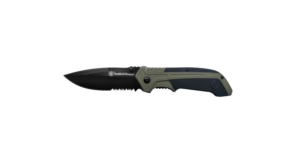 Smith &amp; Wesson Spring Assisted Folding Knife, 3.25in, 8Cr13MoV Steel Blade, 4.5in, Rubberized Aluminum Handle, Olive Drab, 1100036