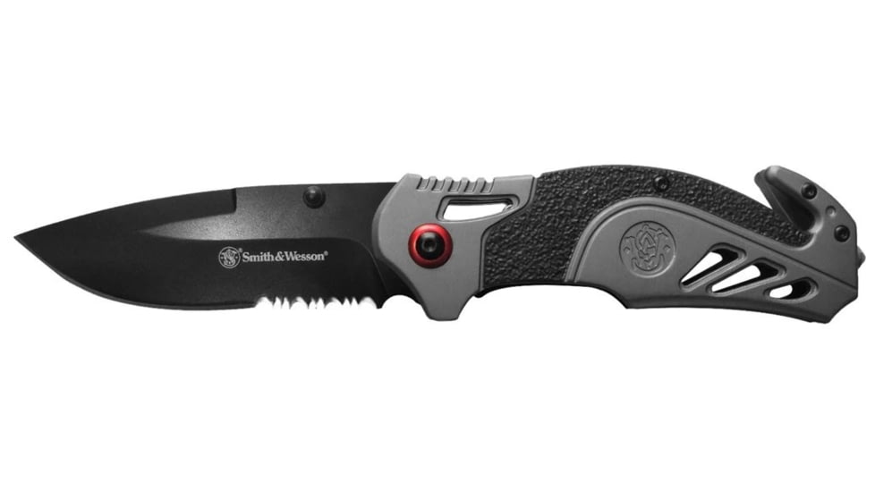 Smith &amp; Wesson Spring Assisted Rescue Folding Knife, 3.4in, 8Cr13MoV Steel Blade, 4.5in, Rubberized Aluminum Handle, 1100038