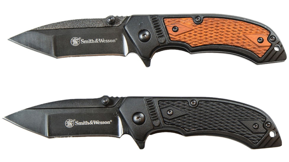 Smith &amp; Wesson SW Pistol Grip Combo Pack Folding Knives, 3 in, Stainless Steel, Tanto, Black/Wood, Aluminum, 1085962