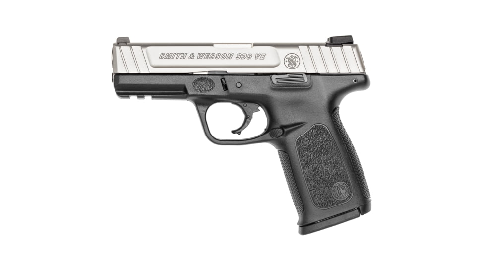 Smith &amp; Wesson SW SD9 Pistol, 9mm Luger, 4in barrel, black polymer frame, integrated polymer grip, recoil operated semi-automatic, tritium dot front, fixed 2 dot rear, 16 round magazine, SW-SW SD9-1-FRRMPG